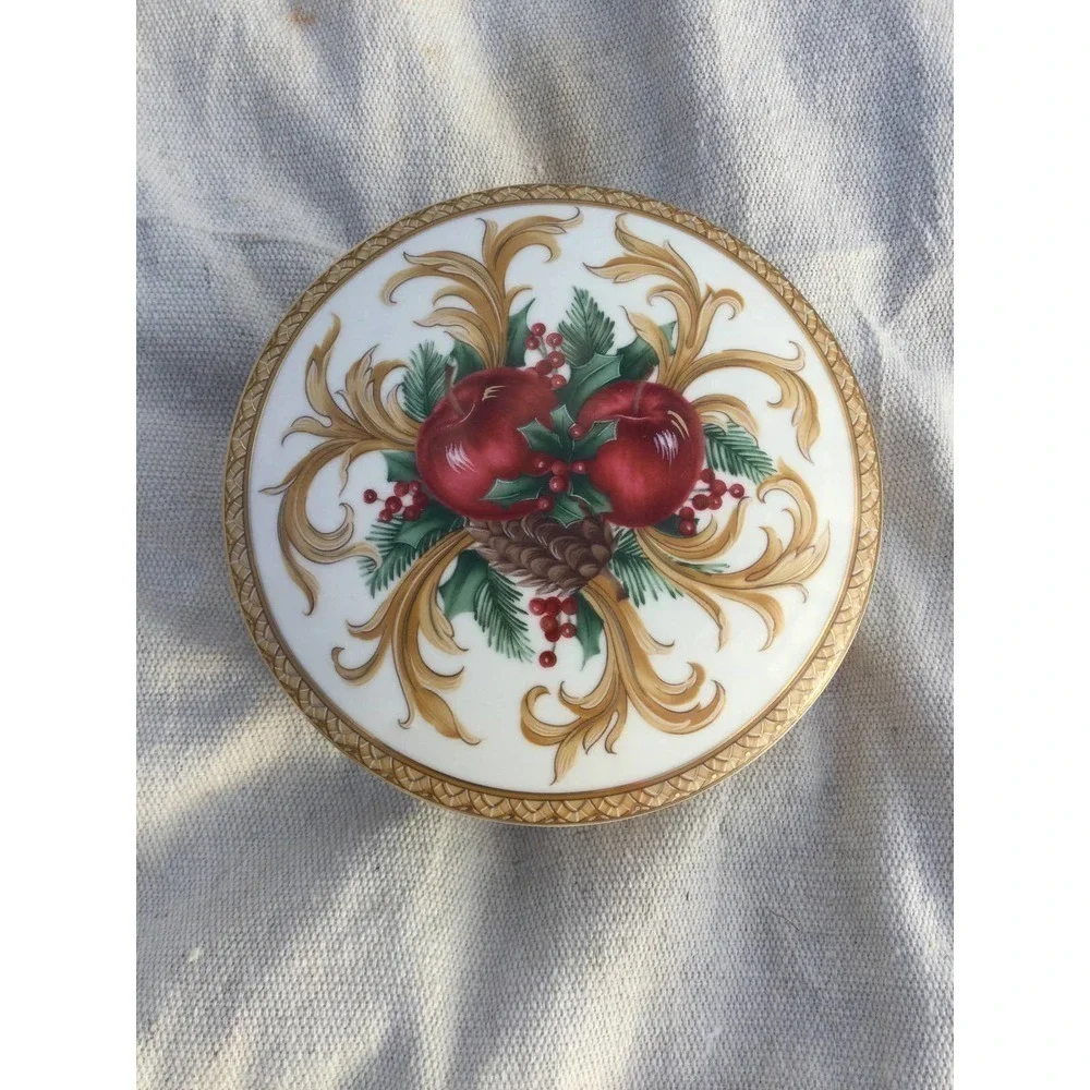 Vtg Mikasa trinket dish covered holiday‎ orchard Christmas pinecone apple gold